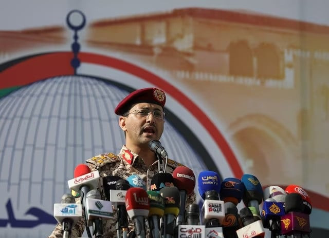 houthi military spokesman yahya sarea delivers a statement during a pro palestinian rally in sanaa yemen may 3 2024 photo reuters houthi military spokesman yahya sarea delivers a statement during a pro palestinian rally in sanaa yemen may 3 2024 photo reuters