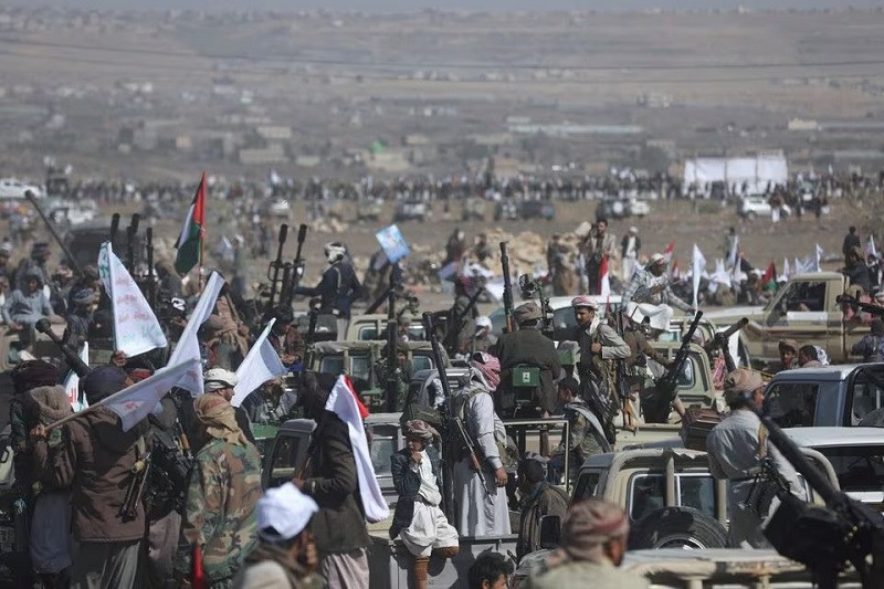 houthi tribesmen parade to show defiance after us and uk air strikes on houthi positions near sanaa yemen february 4 2024 photo reuters