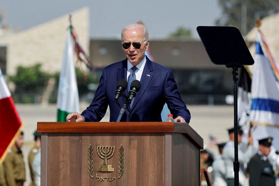 us president joe biden delivers remarks during a welcoming ceremony at ben gurion international airport in lod near tel aviv israel july 13 2022 reuters