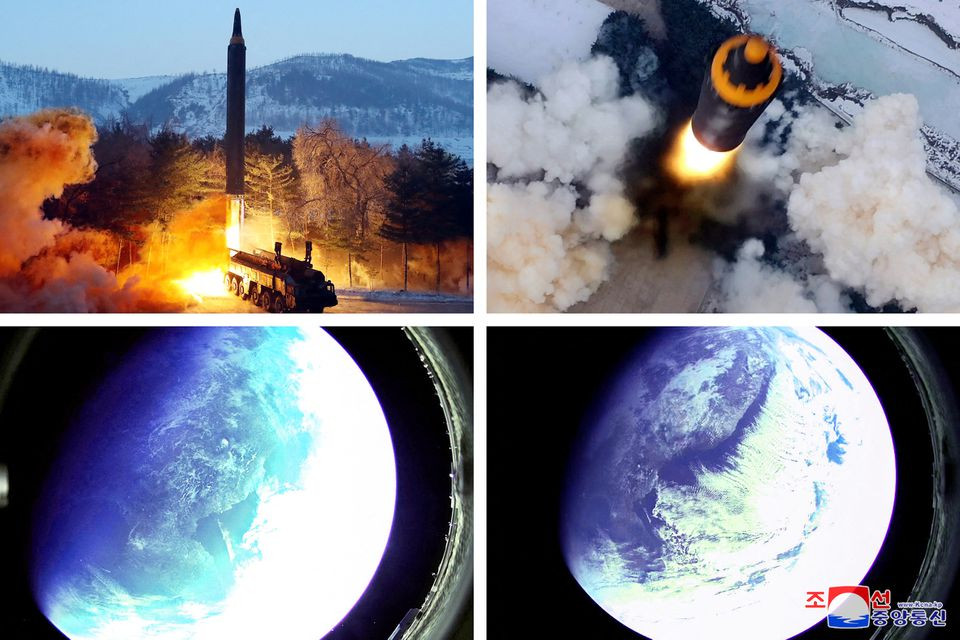 a combination image shows what appears to be a hwasong 12 intermediate and long range ballistic missile test that state media kcna says was carried out on sunday along with pictures reportedly taken from outer space with a camera at the warhead of the missle in this image released on january 31 2022 kcna via reuters