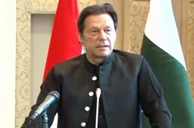 prime minister imran khan pictured while addressing the pakistan tajikistan business forum in dushanbe on september 16 2021 screengrab