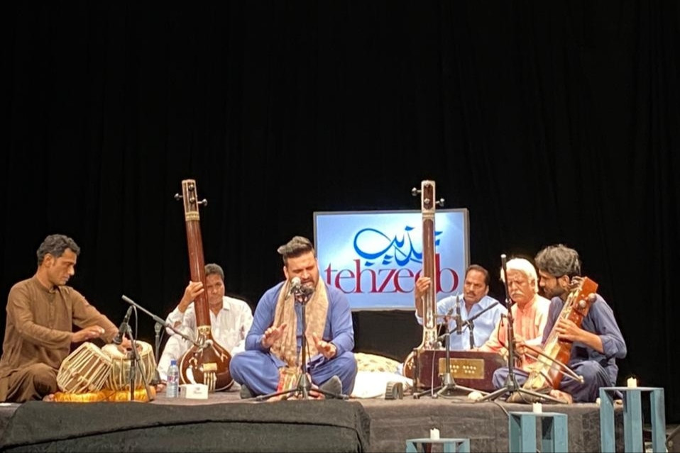 singer shahzeb ali and his ensemble performing at the recording session for the 12th tehzeeb festival