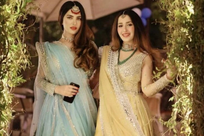 naimal khawar khan twins with sister in glitzy mirrorwork lehenga choli naimal khawar khan twins with sister in glitzy mirrorwork lehenga choli