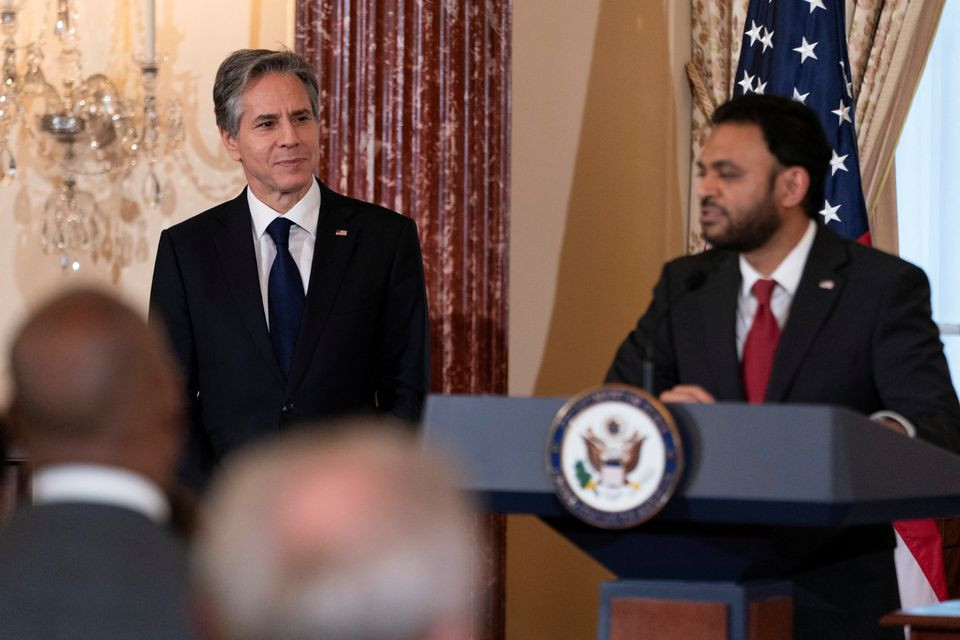 us secretary of state antony blinken listens as ambassador at large for religious freedom rashad hussain speaks during a reception celebrating eid in washington d c u s may 26 2022 photo reuters