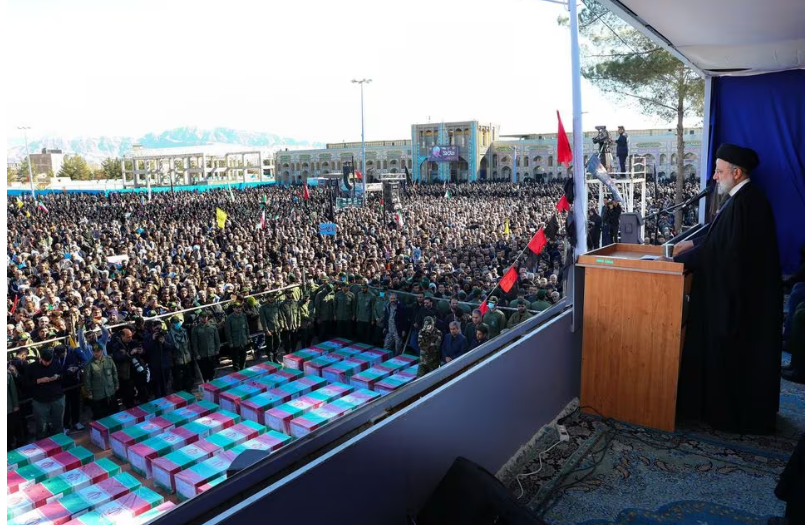 iran s president ebrahim raisi speaks during a funeral ceremony in kerman iran january 5 2024 iran s presidency wana west asia news agency handout via photo reuters