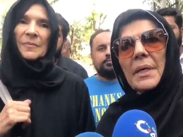 former premier imran khan s sisters aleema khan and uzma khan speak to reporters outside an anti terrorism court photo express