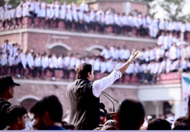 pti chief imran khan is addressing a ceremony at edward college peshawar photo twitter pti