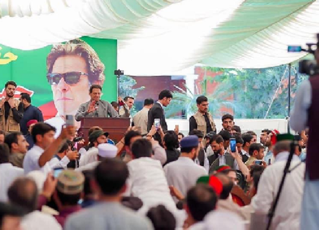 pti chairman imran khan is addressing party officials in peshawar on tuesday photo twitter pti