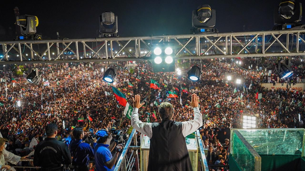 former prime minister imran khan addressing a pakistan tehreek e insaf rally in lahore photo express