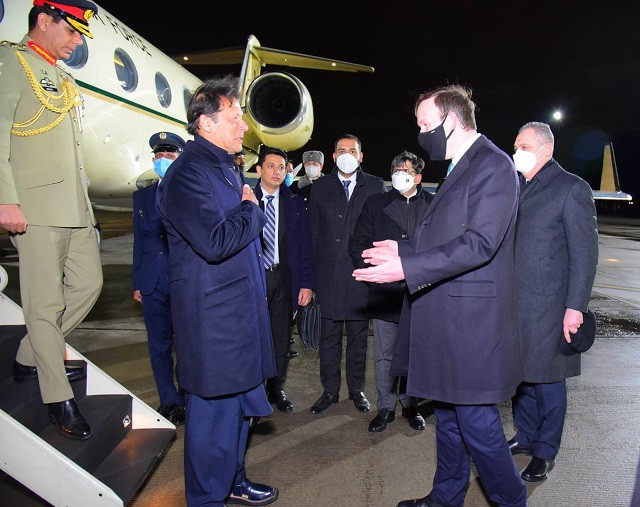 russian deputy foreign minister receives prime minister imran khan upon his arrival to moscow on feb 23 2022 photo pid