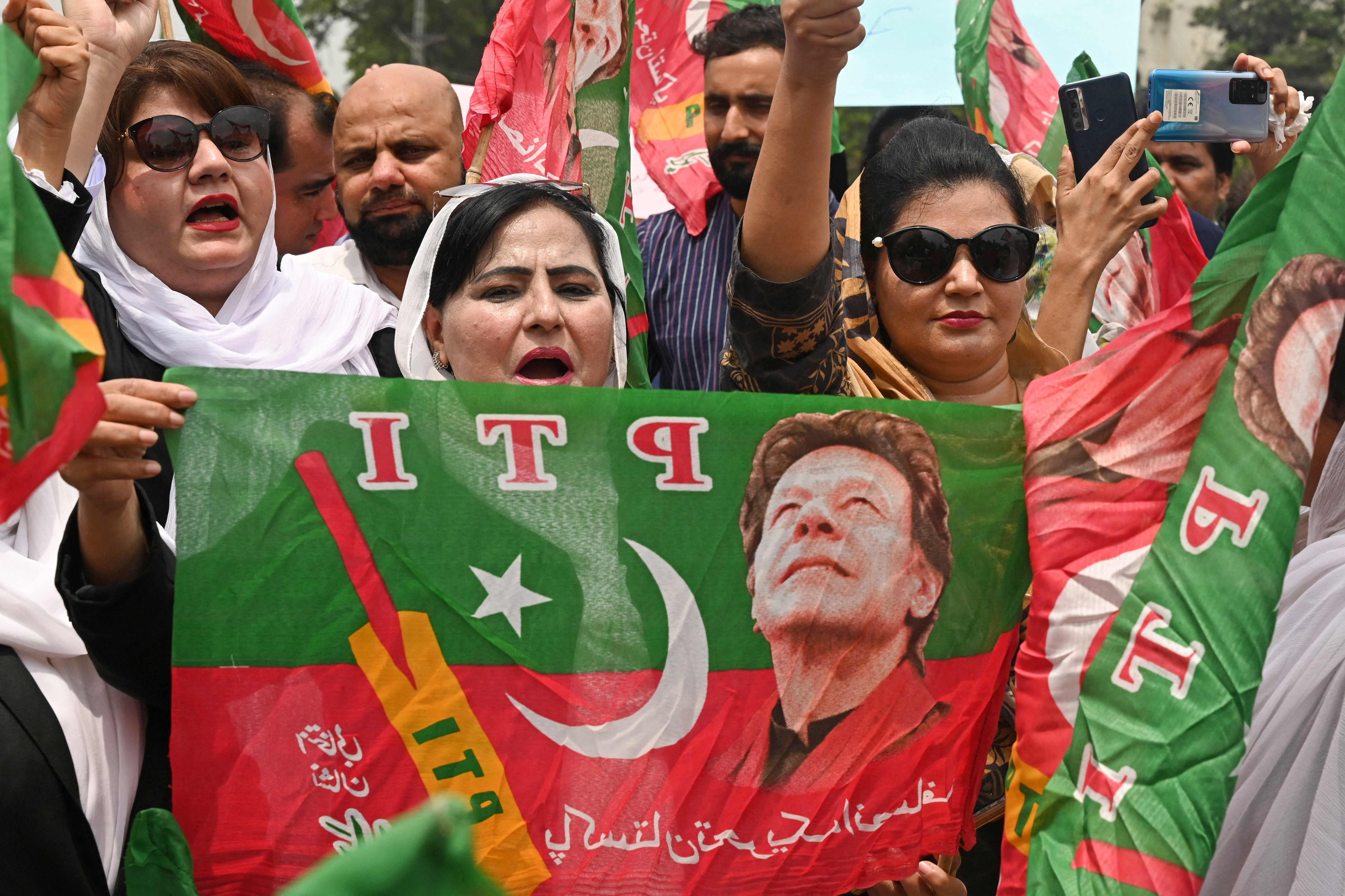 lawyers in support of pakistan s former prime minister imran khan denounce his arrest during a protest outside the high court in lahore on august 7 2023 photo afp