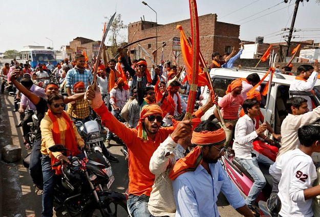 hindu yuva vahini vigilante members take part in a rally in the city of unnao india april 5 2017 photo reuters