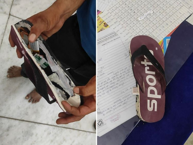 this combination was created of photos taken on september 26 2021 a man shows a flip flop with concealed bluetooth device and a flip flop with concealed bluetooth device in ajmer photo afp this combination was created of photos taken on september 26 2021 a man shows a flip flop with concealed bluetooth device and a flip flop with concealed bluetooth device in ajmer photo afp