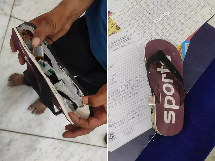 this combination was created of photos taken on september 26 2021 a man shows a flip flop with concealed bluetooth device and a flip flop with concealed bluetooth device in ajmer photo afp this combination was created of photos taken on september 26 2021 a man shows a flip flop with concealed bluetooth device and a flip flop with concealed bluetooth device in ajmer photo afp