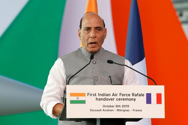 india s defence minister rajnath singh delivers a speech during a ceremony for the delivery of the first rafale fighter to the indian air force at the factory of french aircraft manufacturer dassault aviation in merignac near bordeaux france october 8 2019 photo reuters