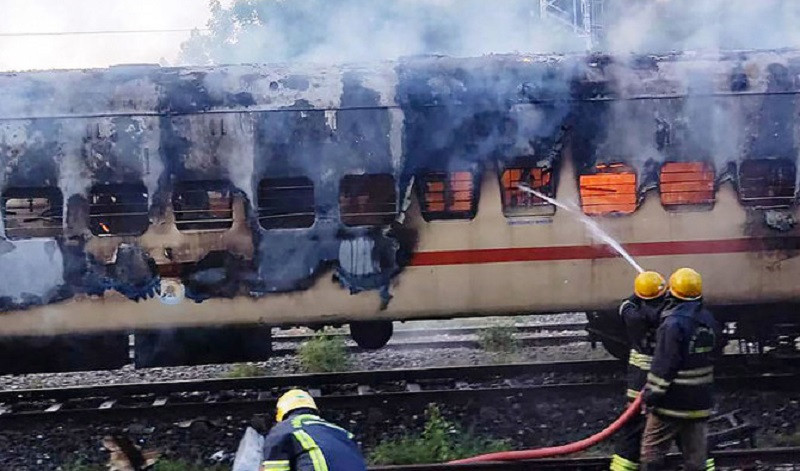firefighters try to extinguish a fire which broke out in a train coach parked at the madurai railway yard in madurai on august 26 2023 photo afp