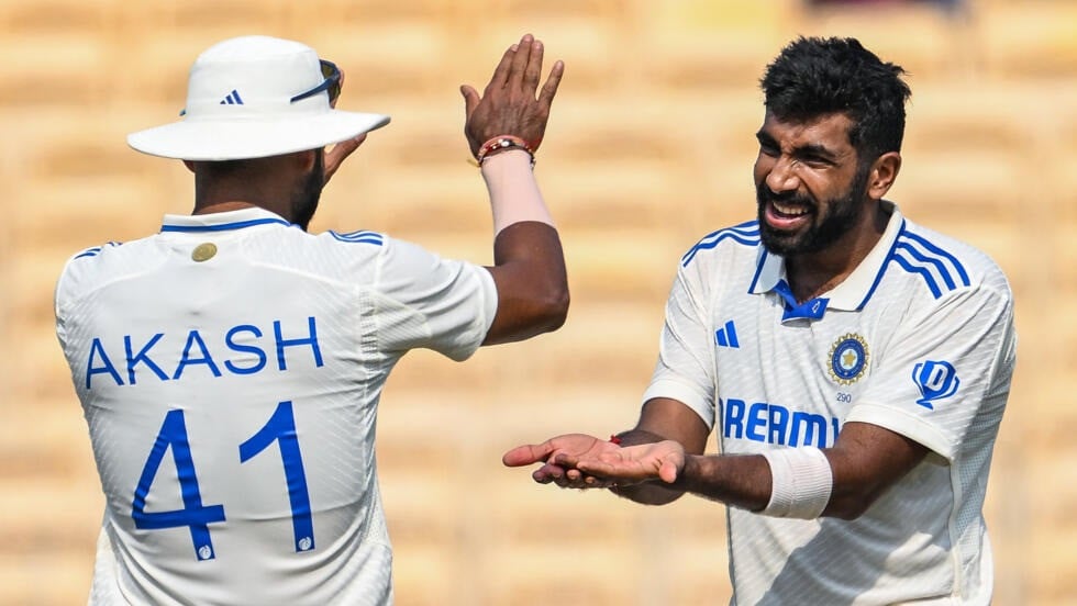 india s jasprit bumrah celebrates with akash deep after taking the wicket of bangladesh s taskin ahmed during the second day of the first test cricket match in chennai on september 20 2024 photo afp