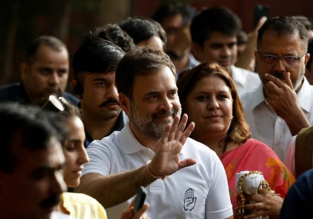 rahul gandhi a senior leader of india s main opposition congress party waves as he arrives at the party headquarters in new delhi india june 4 2024 photo reuters rahul gandhi a senior leader of india s main opposition congress party waves as he arrives at the party headquarters in new delhi india june 4 2024 photo reuters