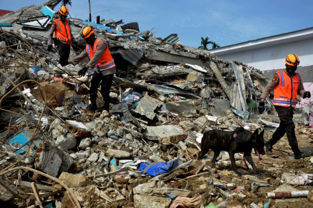 indonesian police officers with a k9 unit sniffer dog search for victims among the ruins of a hospital building collapsed following an earthquake in mamuju west sulawesi province indonesia january 18 2021 photo reuters
