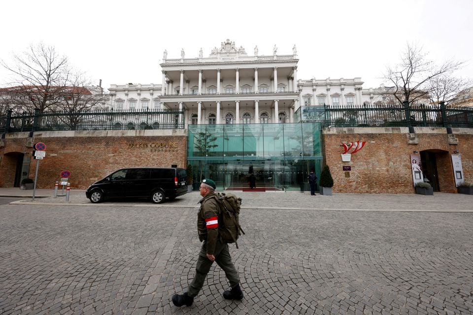 a member of austrian armed forces walks past palais coburg the site of a meeting of the joint comprehensive plan of action jcpoa in vienna austria february 8 2022 photo reuters