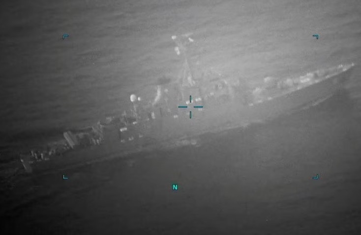 a still image obtained from a handout video which captured m t richmond voyager being approached by an iranian naval vessel during an attempt to unlawfully seize the commercial tanker according to u s navy in the gulf of oman provided by u s navy on july 5 2023 u s naval forces central command u s 5th fleet handout via reuters