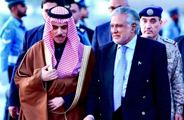 saudi foreign minister prince faisal bin farhan al saud was received by foreign minister ishaq dar at rawalpindi s nur khan airbase on april 15 photo mofa