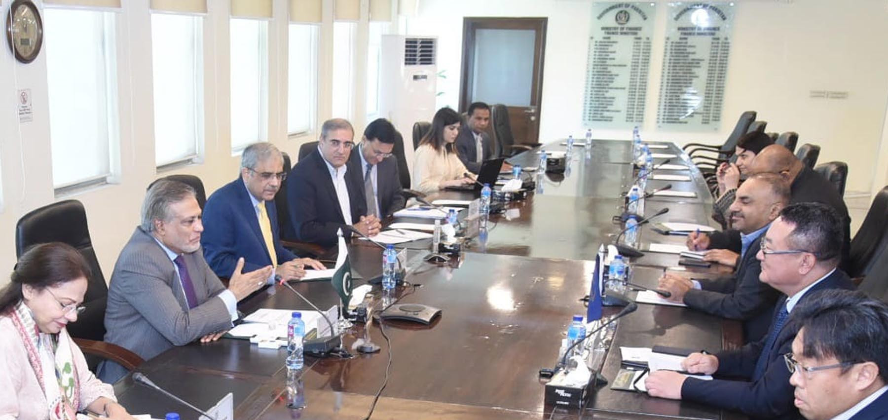 federal minister for finance and revenue senator mohammad ishaq dar held a meeting with delegation of asian development bank adb headed by its country director yong ye at finance division islamabad october 5 2022 photo pid