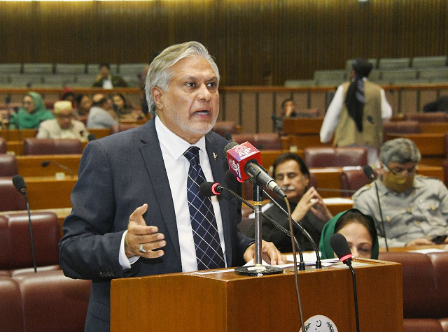 picture shows finance minister ishaq dar speaking on the floor of the national assembly photo twitter naofpakistan