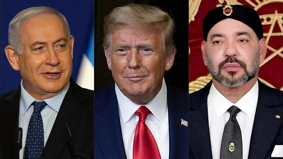 this combination of file pictures created on december 10 2020 shows israeli prime minister benjamin netanyahu l us president donald trump c and morocco s king mohammed vi photo afp