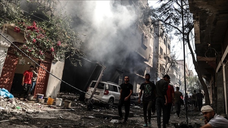 smoke rising over destroyed buildings following the israeli attacks on nuseirat refugee camp in gaza city gaza on june 8 2024 photo anadolu agency