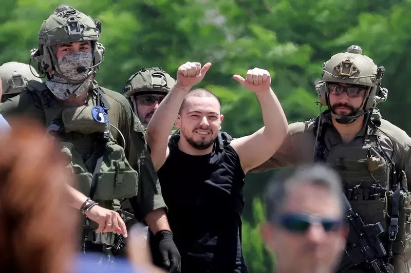 almog meir jan a released hostage reacts after the military said that israeli forces have rescued four hostages in ramat gan israel june 8 2024 photo reuters almog meir jan a released hostage reacts after the military said that israeli forces have rescued four hostages in ramat gan israel june 8 2024 photo reuters