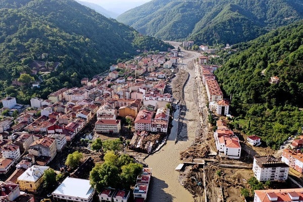 An aerial view of Bozkurt after the area was hit by flash floods that swept through towns in the Turkish Black Sea region, in Kastamonu province, Turkey, August 14, 2021. PHOTO: REUTERS