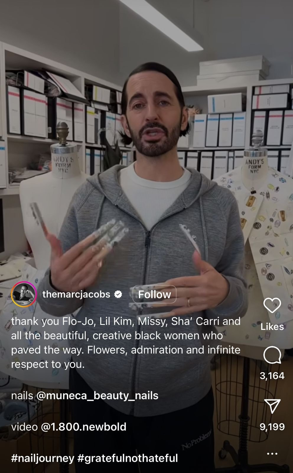 Jacobs crediting the inspiration behind his nails to notable black women on Instagram (@themarcjacobs)
