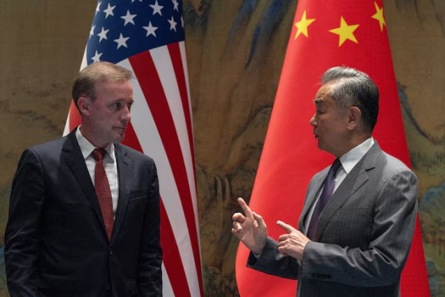 wang yi the director of the communist party s central foreign affairs commission office gestures near white house national security adviser jake sullivan before talks at yanqi lake in beijing china august 27 2024 photo reuters wang yi the director of the communist party s central foreign affairs commission office gestures near white house national security adviser jake sullivan before talks at yanqi lake in beijing china august 27 2024 photo reuters