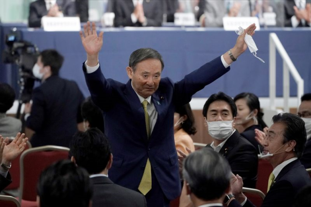 japanese chief cabinet secretary yoshihide suga gestures as he is elected as new head of the ruling party at the liberal democratic party s ldp leadership election in tokyo japan september 14 2020 photo reuters japanese chief cabinet secretary yoshihide suga gestures as he is elected as new head of the ruling party at the liberal democratic party s ldp leadership election in tokyo japan september 14 2020 photo reuters