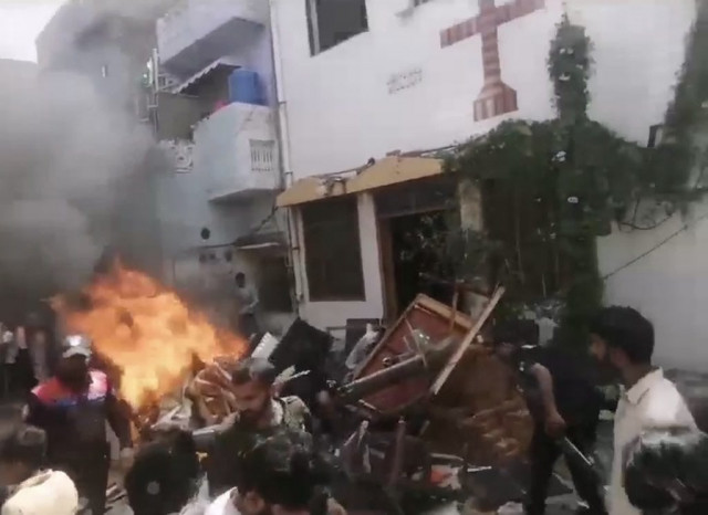 charged mob of over thousands of people storms a christian neighborhood in jalanwala tehsil of faisalabad vandalising homes and churches on blasphemy allegations on august 16 2023 photo express file