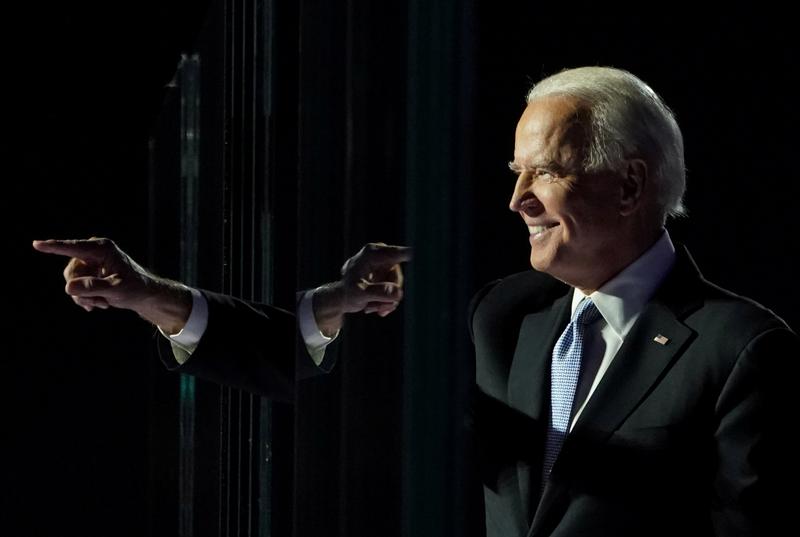 democratic 2020 us presidential nominee joe biden points a finger at his election rally after news media announced that biden has won the 2020 us presidential election in wilmington delaware us november 7 2020 photo reuters