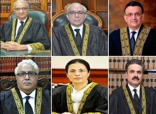 a six member bench headed by chief justice of pakistan umar ata bandial is hearing a set of pleas challenging military trials of civilians accused of involvement in may 9 riots photo file