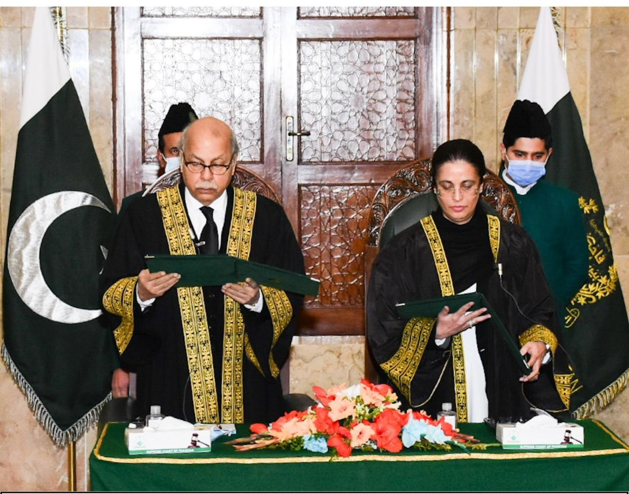 chief justice of pakistan gulzar ahmad administers the oath to justice ayesha malik as judge of the supreme court of pakistan in islamabad on january 24 2022 photo supreme court of pakistan