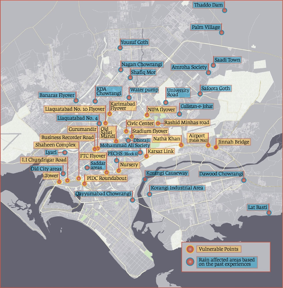 Map of Karachi highlighting areas at risk of flooding. PHOTO: EXPRESS