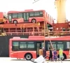 workers unload consignment of 100 buses that reached karachi port from china on tuesday photo nni