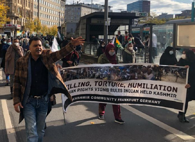 protesters demanded international community to help kashmiris get their right to self determination photo express