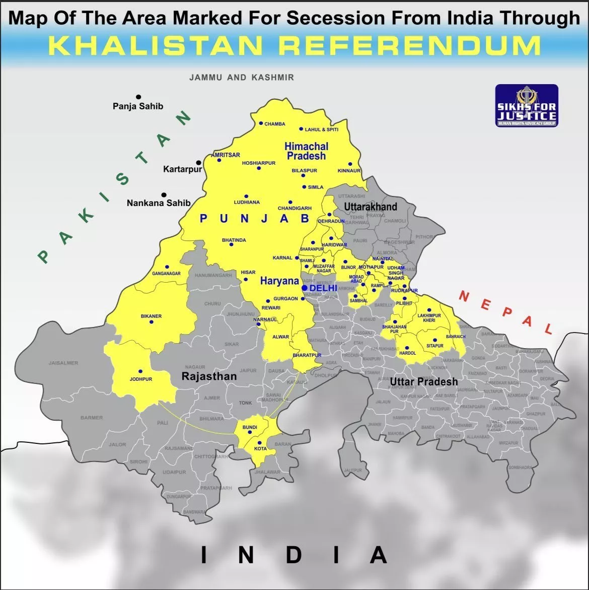 an organisation sikhs for justice released a new map of india showing not just punjab but haryana himachal pradesh and several districts of rajasthan and uttar pradesh as part of khalistan photo twitter sikhpa an organisation sikhs for justice released a new map of india showing not just punjab but haryana himachal pradesh and several districts of rajasthan and uttar pradesh as part of khalistan photo twitter sikhpa