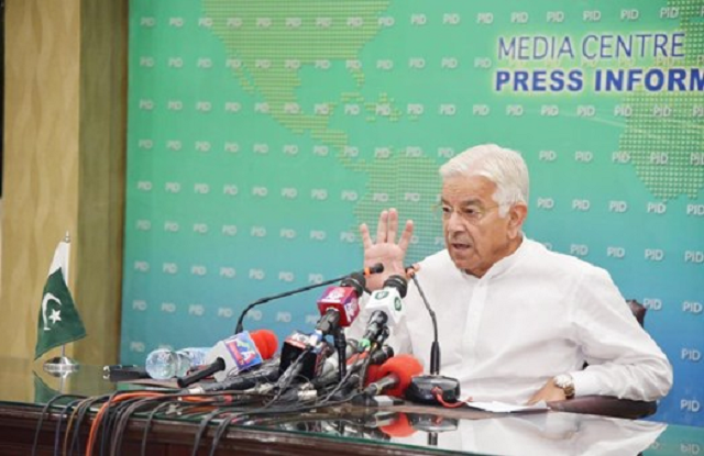 defence minister khawaja asif is addressing a press conference in islamabad photo app