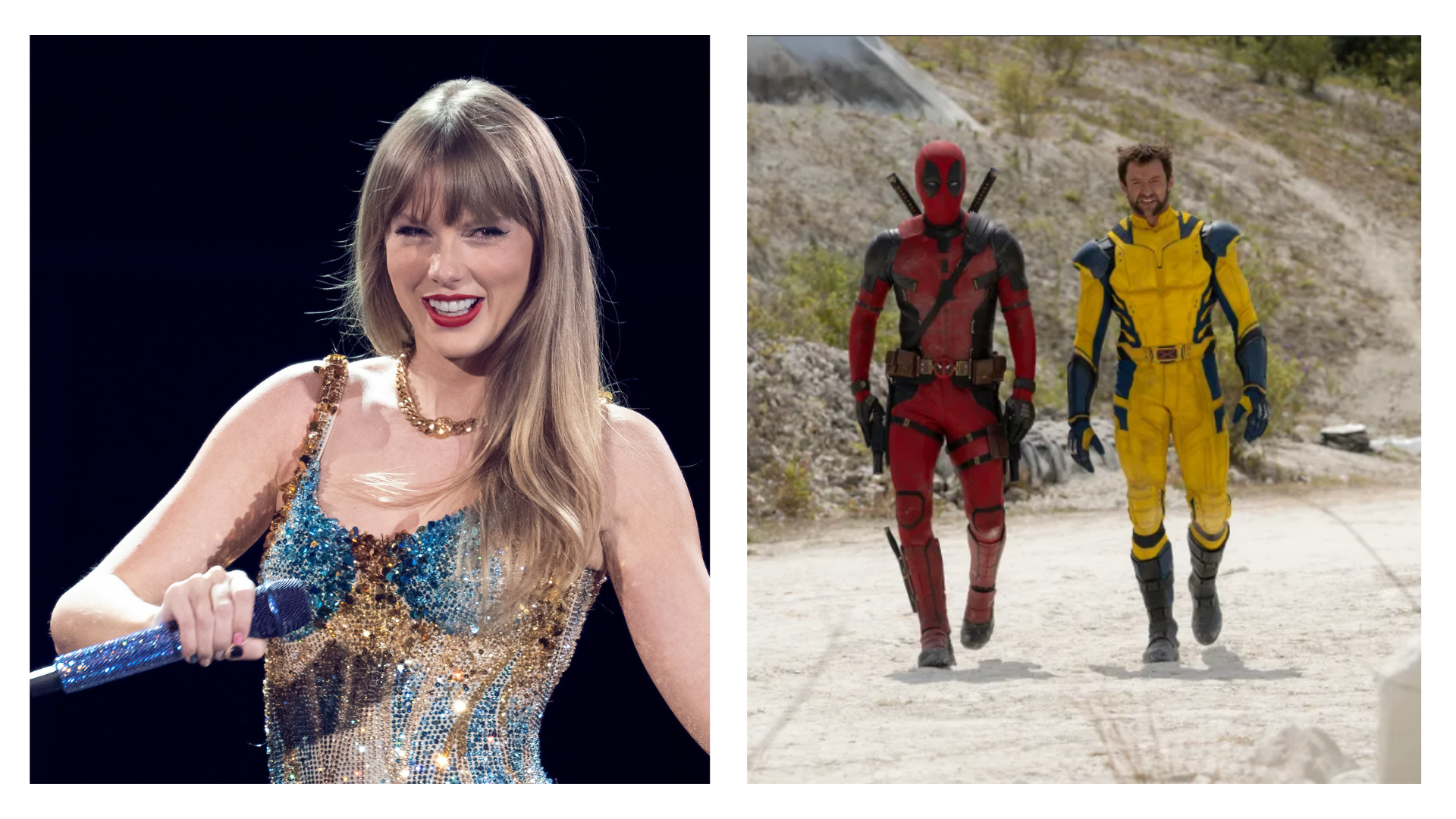 taylor swift at her eras tour getty images ryan reynolds as deadpool and hugh jackman as wolverine in deadpool 3 jay maidment 20th century studios marvel studios