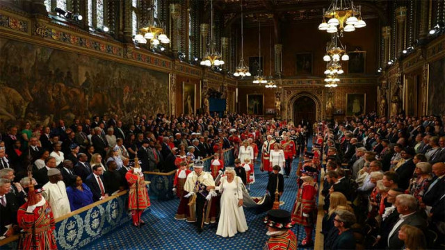 britain s king charles wearing the imperial state crown and queen camilla wearing the diamond diadem walk through the royal gallery during a ceremony on the day of the state opening of parliament at the palace of westminster in london britain july 17 2024 photo reuters britain s king charles wearing the imperial state crown and queen camilla wearing the diamond diadem walk through the royal gallery during a ceremony on the day of the state opening of parliament at the palace of westminster in london britain july 17 2024 photo reuters