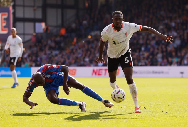 liverpool s ibrahima konate in action with crystal palace s jean philippe mateta in the premier league match on october 5 2024 at selhurst park london photo reuters liverpool s ibrahima konate in action with crystal palace s jean philippe mateta in the premier league match on october 5 2024 at selhurst park london photo reuters