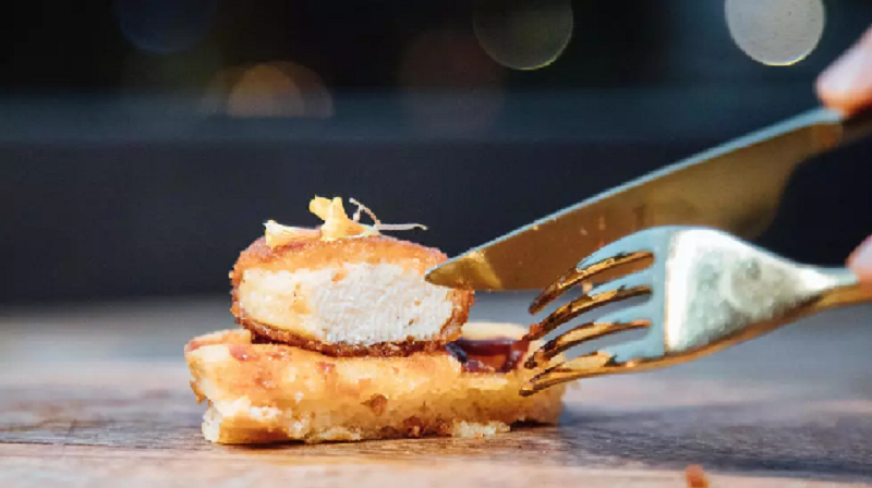 a nugget made from lab grown chicken meat at a restaurant in singapore photo afp