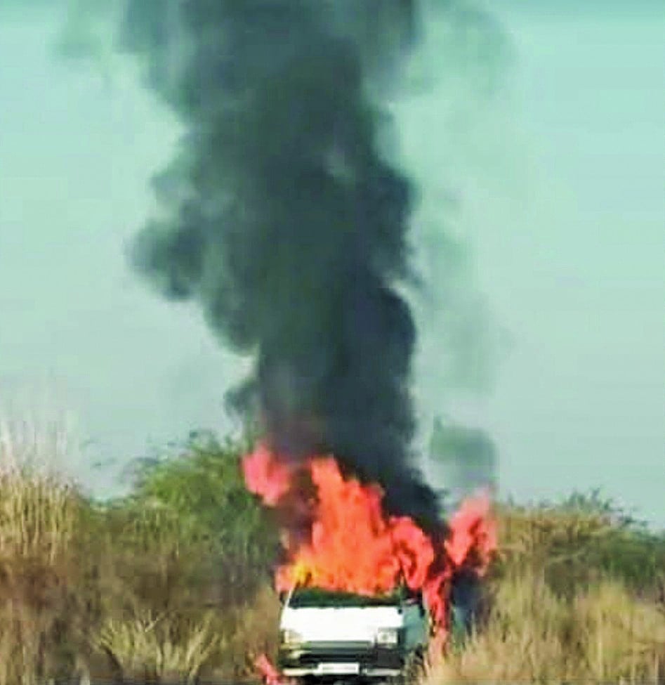 a staff van set on fire by terrorists after kidnapping its occupants in the lakki marwat district photo express