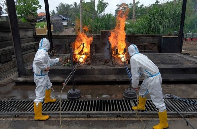 Officials wearing personal protective equipments (PPE) set fires to bodies of people who died due to the coronavirus disease (Covid-19) at a crematorium in Bangli, Bali, Indonesia October 10, 2020. PHOTO: REUTERS